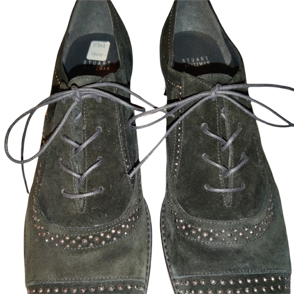 Stuart Weitzman Leather Suede Lace Up Studded Heeled Oxford Loafers - Picture 3 of 16